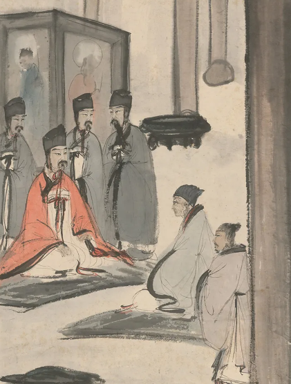 傅抱石历史人物作品《殿庭对话》赏析
