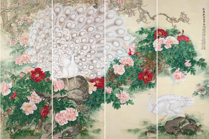 画家俞致贞《孔雀屏开富贵春（四屏）》以529万成交